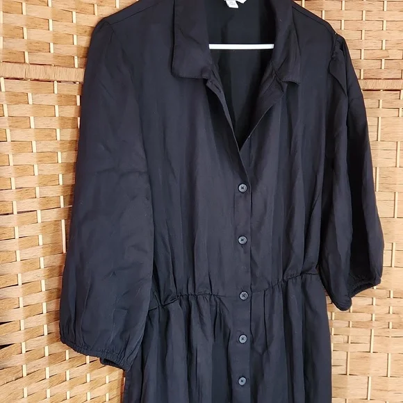 The Drop, Fall, Spring Black V-Neck Poplin, Prarie Shortsleeve Midi Dress Sz XXL - Picture 2 of 11